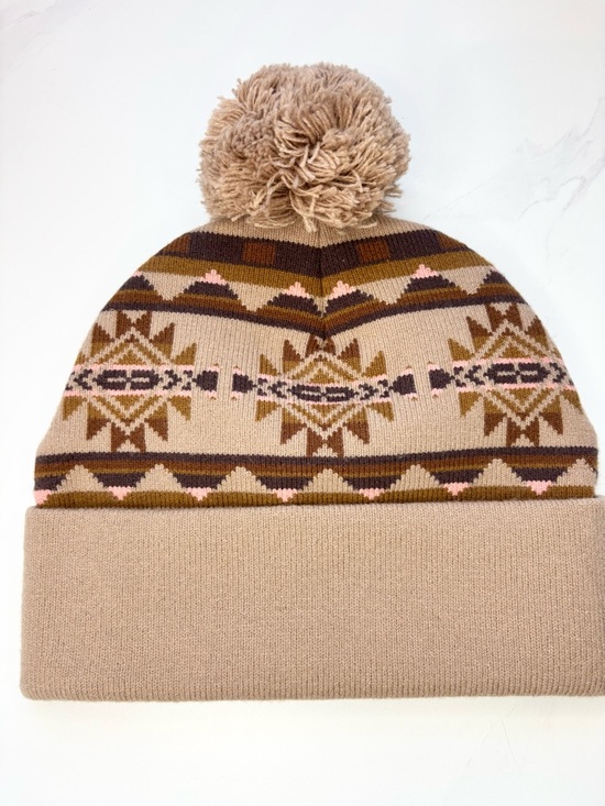 🔑Carhartt Tan & Brown Patterned Pom Beanie with Pink Accents - Picture 5 of 6